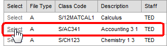 Class Search window (grid area)