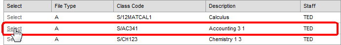 Class Search window (grid area)