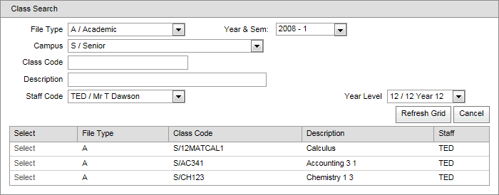 Class Search window