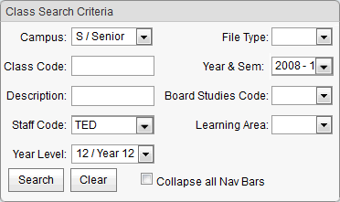 Class Search Criteria window (cut down)