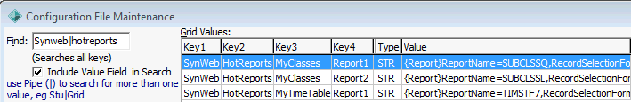 Configuration File Maintenance window (Synweb Hot reports, cut down)
