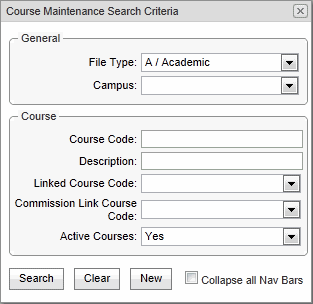 Course Maintenance Search Criteria window (synweb, cut down)