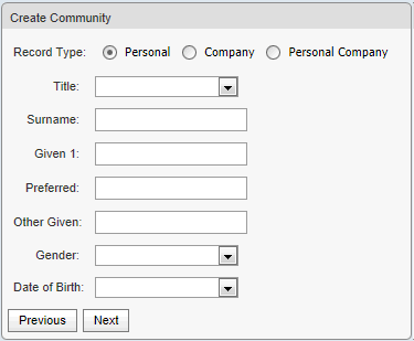 Create Community window (synweb)