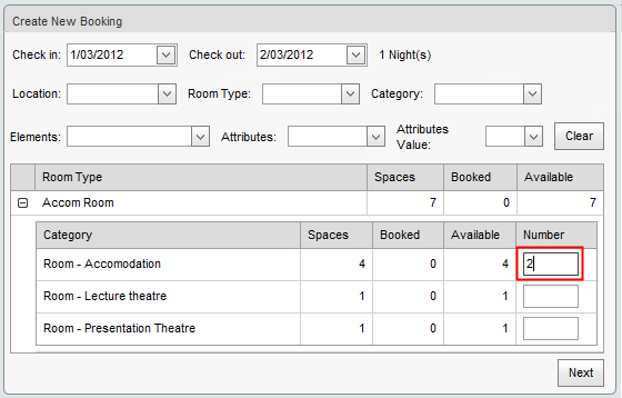 Accommodation Booking Maintenance (create booking step 1 number highlighted)