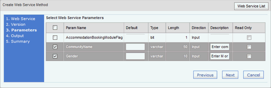 Create Web Service Method window - Parameters (synweb, populated)