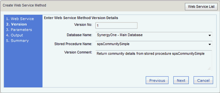 Create Web Service Method window - Version (synweb, populated)
