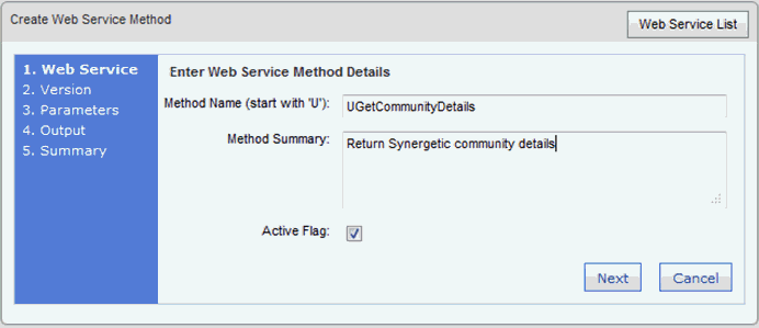 Create Web Service Method window - Web Service (synweb, populated)