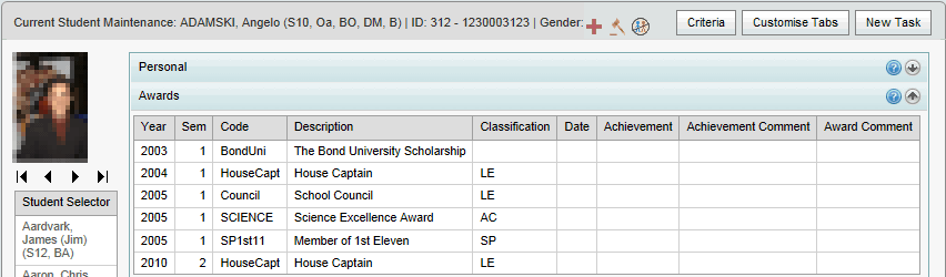 Current Student Maintenance - Awards bar (synweb)