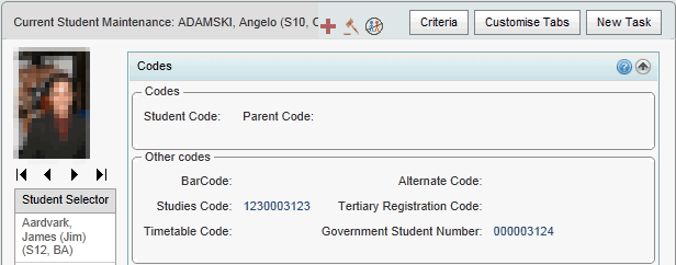 Current Student Maintenance - Codes bar (synweb)