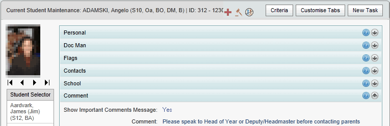 Current Student Maintenance - Comment bar (synweb)