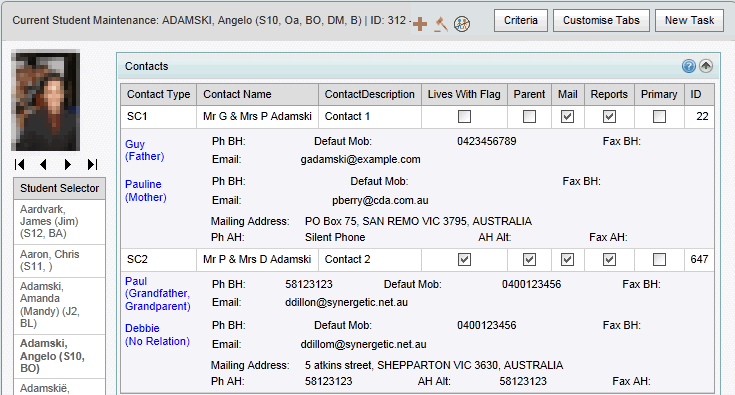 Current Student Maintenance - Contacts bar (synweb)