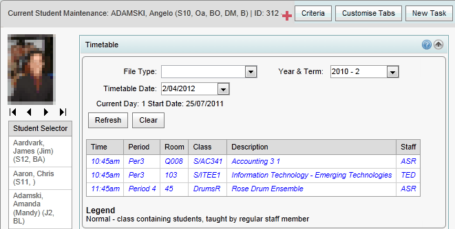 Current Student Maintenance - Timetable bar (synweb)