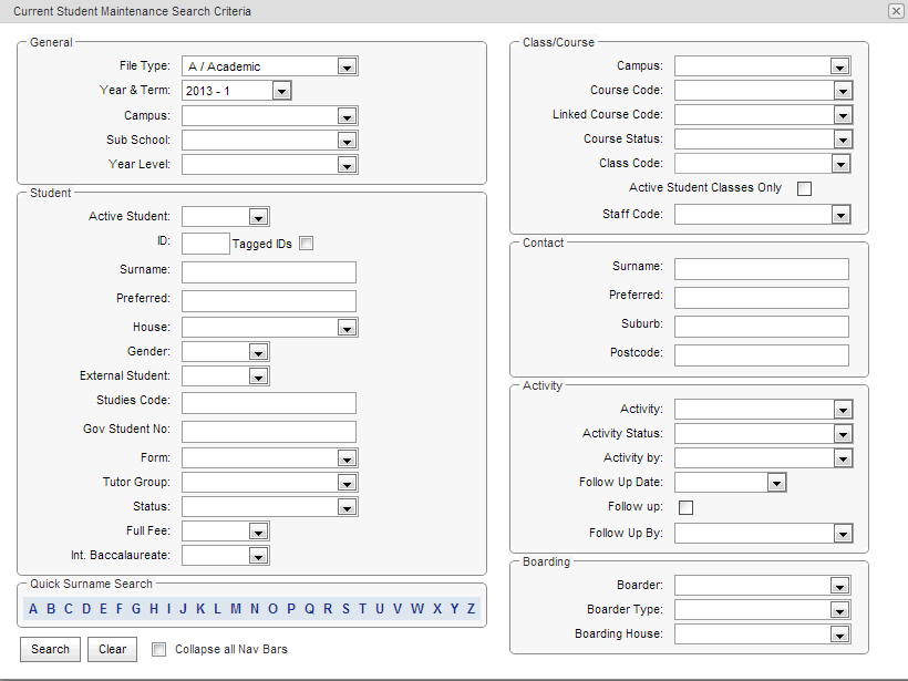 Current Student Maintenance Search Criteria (cut down, synweb)