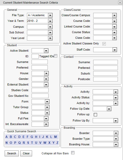 Current Student Maintenance Search Criteria (synweb, cut down)
