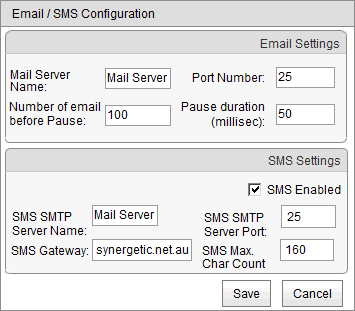 Email / SMS Configuration window (cut down)