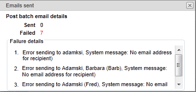 Emails Sent window (Synweb, failed recipients)