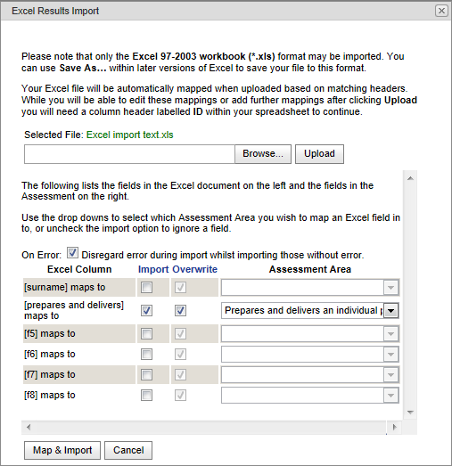 Excel Results Import window (populated, synweb)