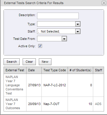 External Tests Search Criteria for Results window (synweb)