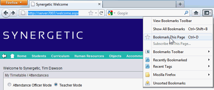 Firefox (bookmark Synergetic Welcome page)