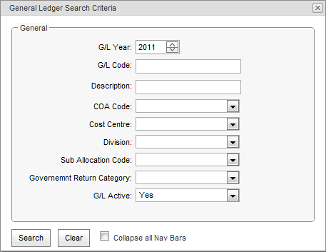 General Ledger Search Criteria window (synweb)