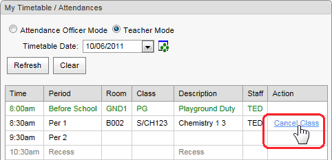 Home window (My Timetable /Attendances area)