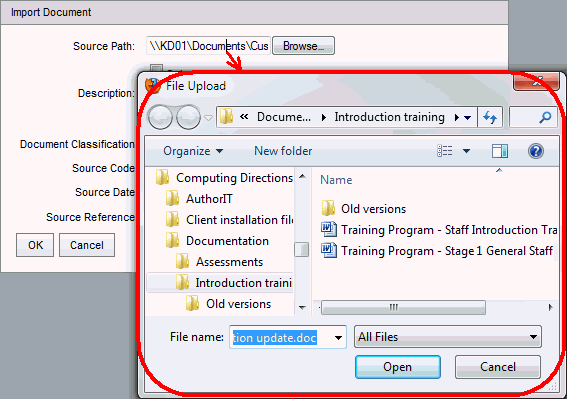 Import Document window (reselect document)