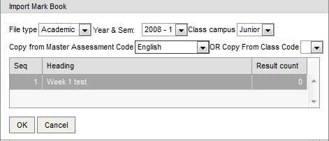 Import Mark Book window (populated, synweb, cut down)