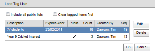Load Tag List window