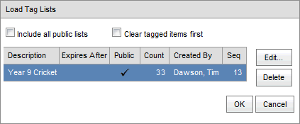 Load Tag Lists window