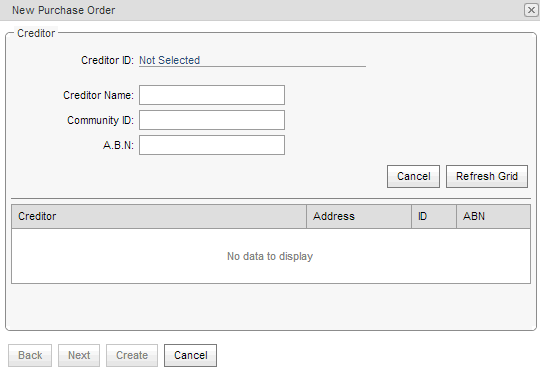 New Purchase Order - Creditor window (synweb)