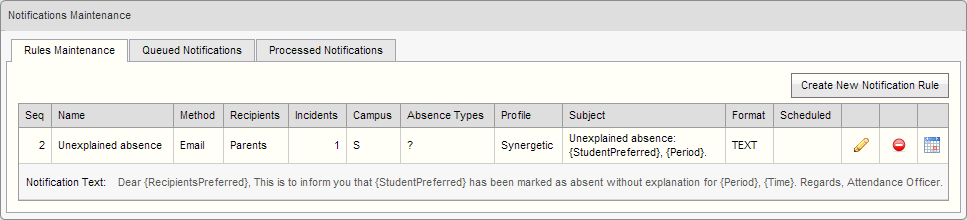 Notifications Maintenance - Rules Maintenance tab(synweb)