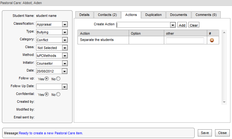 Pastoral care (creation) Actions tab (synweb)
