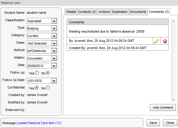 Pastoral Care (creation) Comments tab (synweb, cut down)