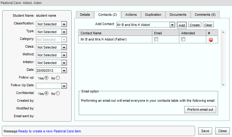 Pastoral care (creation) Contacts tab (synweb)