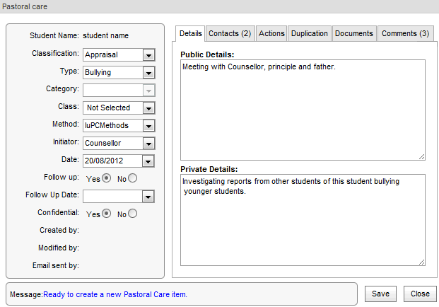 Pastoral care (creation) Details tab (synweb)