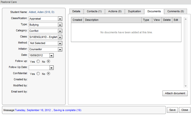 Pastoral Care (creation) Documents tab