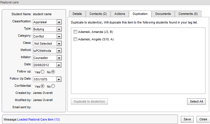 Pastoral care (creation) Duplication tab (synweb)