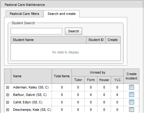 Pastoral Care Maintenance - Search and create tab (example, synweb)