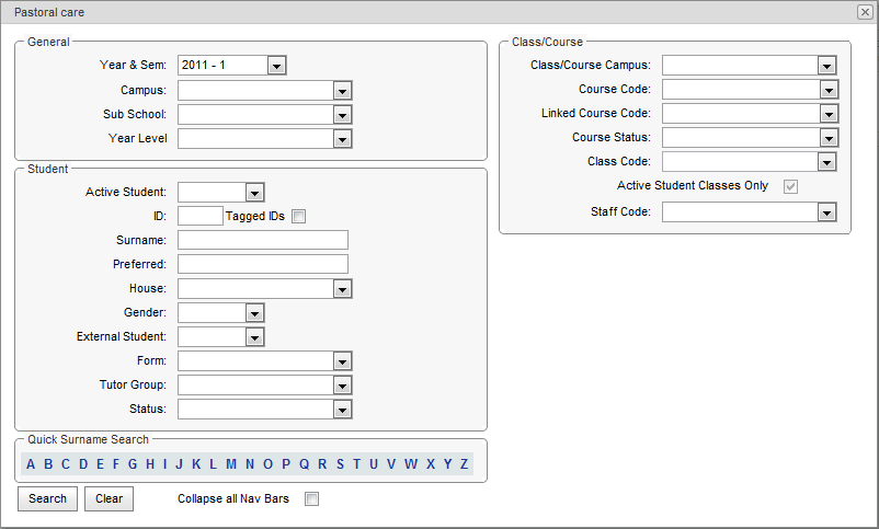 Pastoral Care Search Criteria window (synweb)