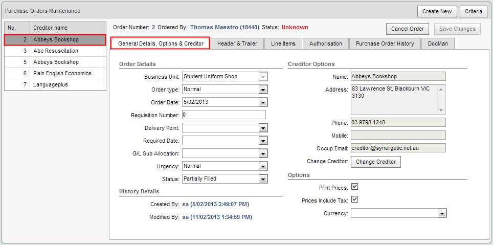 Purchase Order Maintenance (synweb) - initial view after search