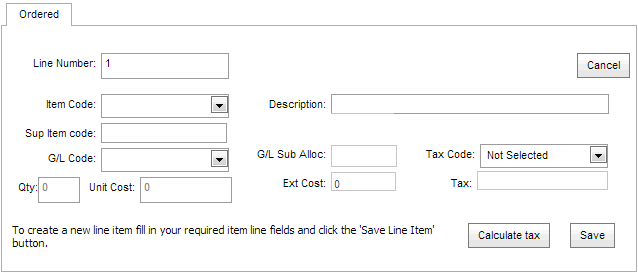 Purchase Orders Maintenance - Line Items tab (Ordered sub tab, synweb)