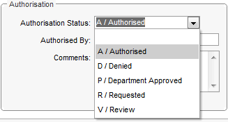 Purchase Orders Maintenance - Authorisation tab (cut down, Authorisation area, select status)