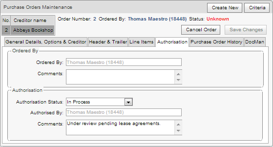Purchase Orders Maintenance - Authorisation tab (synweb, cut down)