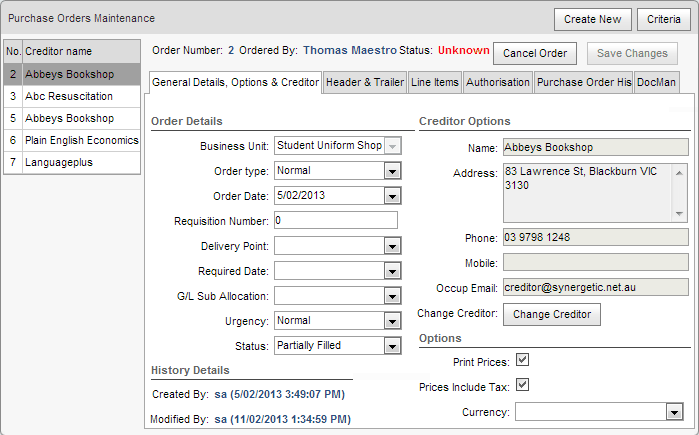 Purchase Orders Maintenance - General Details tab (cut down)