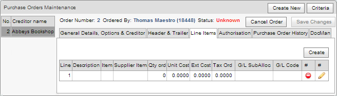 Purchase Orders Maintenance - Line Items tab (synweb, cut down)