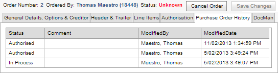 Purchase Orders Maintenance - Purchase Order History tab (synweb, cut down)