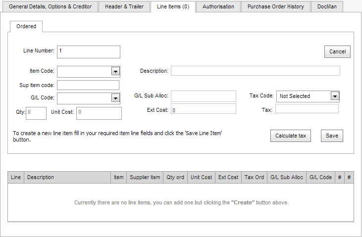 Purchase Order tab - Line Item Editor area (synweb, initial)