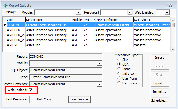 Report Selector (cut down, web enabled highlighted)