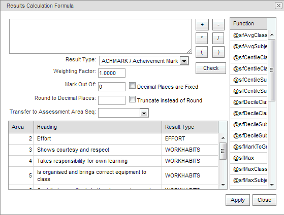 Results Calculation Formula window (synweb)