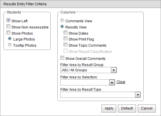 Results Entry Filter Criteria window